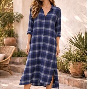 Cloth & Stone Anthropologie Plaid Midi Shirt Dress Small Blue Oversized Slit